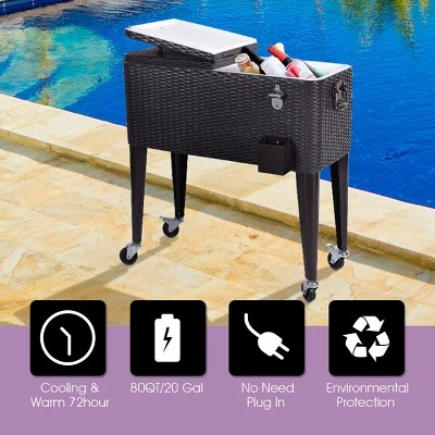 Costway Outdoor Rattan 80QT Party Portable Rolling Cooler Cart Ice Beer Beverage Chest 4 Costway Outdoor Rattan 80QT Party Portable Rolling Cooler Cart Ice Beer Beverage Chest - Image 4