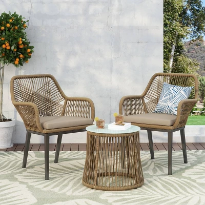 Russel 3pc Outdoor Wicker 2 Seater Chat Set - Light Brown/Beige - Christopher Knight Home 1 Russel 3pc Outdoor Wicker 2 Seater Chat Set - Light Brown/Beige - Christopher Knight Home