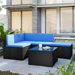 5pc Wicker Patio Sectional Seating Set With Cushions - Black/Blue - GODEER 23 5pc Wicker Patio Sectional Seating Set With Cushions - Black/Blue - GODEER -Deals Patio Elegance Store GUEST d08e1c90 219e 4be2 ae25 3dddae9ce1f7