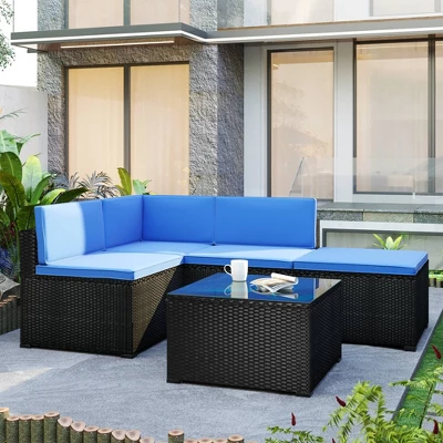 5pc Wicker Patio Sectional Seating Set With Cushions - Black/Blue - GODEER 4 5pc Wicker Patio Sectional Seating Set With Cushions - Black/Blue - GODEER - Image 4