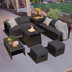 Costway 9PCS Patio Rattan Furniture Set Fire Pit Space-saving W/ Cushion Cover -Deals Patio Elegance Store GUEST d25e1387 fe64 4e3b 8f06 a0fd0c862efc