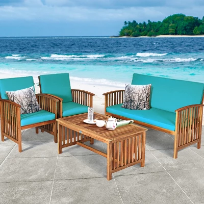Costway 4PCS Patio Solid Wood Furniture Set Conversation Coffee Table TurquoiseBlack Cushion 2 Costway 4PCS Patio Solid Wood Furniture Set Conversation Coffee Table TurquoiseBlack Cushion - Image 2