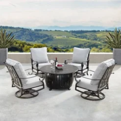 5pc Set With 44" Outdoor Aluminum Round Fire Table & 4 Deep Seating Swivel Rocking Chairs & Wind Blocker Lid - Oakland Living