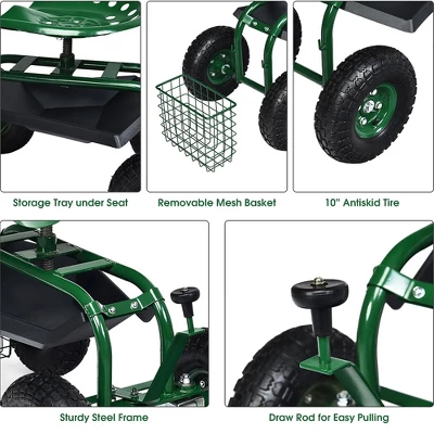 Costway Garden Cart Rolling Work Seat W/ Tool Tray Basket Green 5 Costway Garden Cart Rolling Work Seat W/ Tool Tray Basket Green - Image 5