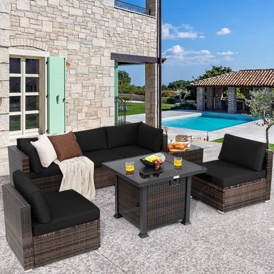 Tangkula Patio Rattan 7PCS Cushioned Chair Set Furniture Set Thick Cushion W/ 50,000 BTU Propane Fire Pit Table For Garden Black/Navy/Red/Turquoise/Off White 1 Tangkula Patio Rattan 7PCS Cushioned Chair Set Furniture Set Thick Cushion W/ 50,000 BTU Propane Fire Pit Table For Garden Black/Navy/Red/Turquoise/Off White