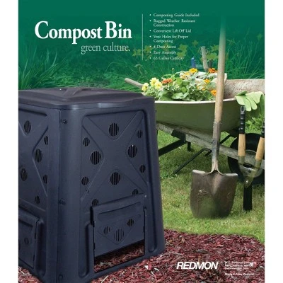 Redmon 65 Gallon Capacity Compost Bin With Snapping Lift Off Lid, 4 Door Access, And Multiple Vent Holes, For Home Gardens And Landscaping, Black 1 Redmon 65 Gallon Capacity Compost Bin With Snapping Lift Off Lid, 4 Door Access, And Multiple Vent Holes, For Home Gardens And Landscaping, Black