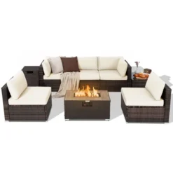 Costway 8PCS Patio Rattan Furniture Set Fire Pit Table Tank Holder Cover Deck Off White/Black/Navy/Red/Turquoise -Deals Patio Elegance Store GUEST db09cd22 7cc9 4ce3 88fb 51650d074938
