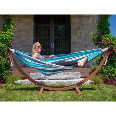 The Hamptons Collection 102” Blue Striped Sunbrella Brazilian Style Hammock With Stand 1 The Hamptons Collection 102” Blue Striped Sunbrella Brazilian Style Hammock With Stand