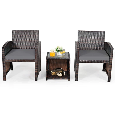 Tangkula 3 PCS Patio Rattan Furniture Set Conversation Chair Set With Soft Cushion & Coffee Table For Backyard Poolside Garden Gray 4 Tangkula 3 PCS Patio Rattan Furniture Set Conversation Chair Set With Soft Cushion & Coffee Table For Backyard Poolside Garden Gray - Image 4