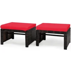 Costway 2PCS Patio Rattan Ottoman Cushioned Seat Foot Rest Furniture TurquoiseRedWhite