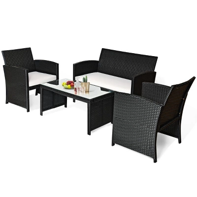 Costway 4PCS Patio Rattan Furniture Set Table &Sofa W/Cushion Garden Black 8 Costway 4PCS Patio Rattan Furniture Set Table &Sofa W/Cushion Garden Black - Image 8