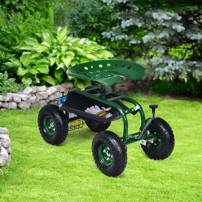 Costway Garden Cart Rolling Work Seat W/ Tool Tray Basket Green 4 Costway Garden Cart Rolling Work Seat W/ Tool Tray Basket Green - Image 4