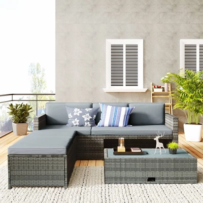 4pc Outdoor Wicker Conversation Sectional Set With Cushions - Gray - GODEER 4 4pc Outdoor Wicker Conversation Sectional Set With Cushions - Gray - GODEER - Image 4