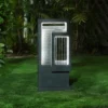 LuxenHome Gray Resin Column Outdoor Fountain With LED Light