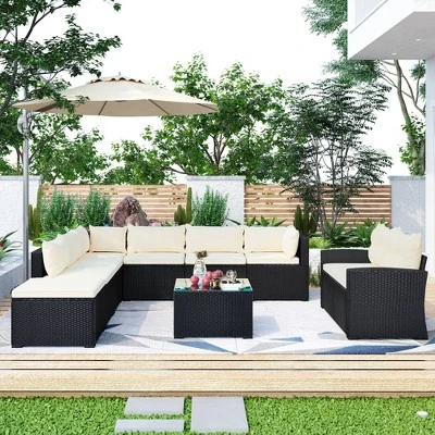 9pc Wicker Patio Sectional Seating Set With Cushions - Black/Beige - GODEER 2 9pc Wicker Patio Sectional Seating Set With Cushions - Black/Beige - GODEER - Image 2