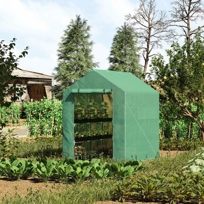 Outsunny 84.25" X 56.25" X 76.75" Walk-in Greenhouse, 3-Tier Shelves, Steel Frame Hot House, Roll-Up Zipper Door For Flowers, Vegetables, Green 2 Outsunny 84.25" X 56.25" X 76.75" Walk-in Greenhouse, 3-Tier Shelves, Steel Frame Hot House, Roll-Up Zipper Door For Flowers, Vegetables, Green - Image 2