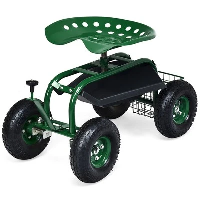 Costway Garden Cart Rolling Work Seat W/ Tool Tray Basket Green 2 Costway Garden Cart Rolling Work Seat W/ Tool Tray Basket Green - Image 2