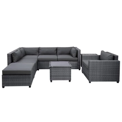 8pc Wicker Patio Conversation Set With Cushions - Gray - GODEER 6 8pc Wicker Patio Conversation Set With Cushions - Gray - GODEER - Image 6