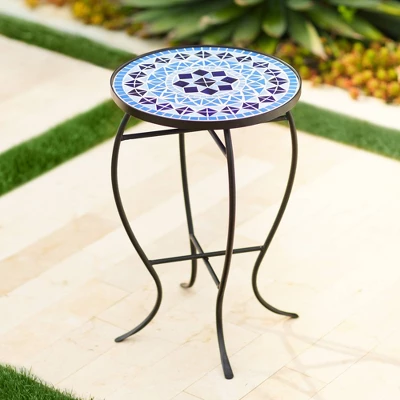 Teal Island Designs Modern Black Round Outdoor Accent Side Table 14" Wide Light Blue Mosaic Tabletop Front Porch Patio Home House Balcony 1 Teal Island Designs Modern Black Round Outdoor Accent Side Table 14" Wide Light Blue Mosaic Tabletop Front Porch Patio Home House Balcony