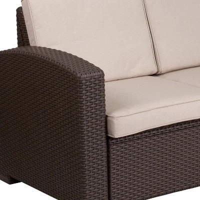 Merrick Lane Outdoor Furniture Resin Loveseat Chocolate Brown Faux Rattan Wicker Pattern 2-Seat Loveseat With All-Weather Beige Cushions 10 Merrick Lane Outdoor Furniture Resin Loveseat Chocolate Brown Faux Rattan Wicker Pattern 2-Seat Loveseat With All-Weather Beige Cushions - Image 10