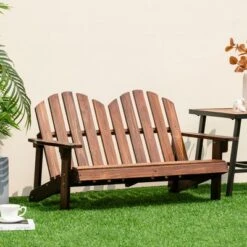 Costway 2 Person Adirondack Chair Kid Solid Wood Loveseat Backrest Arm Rest Patio Coffee/White