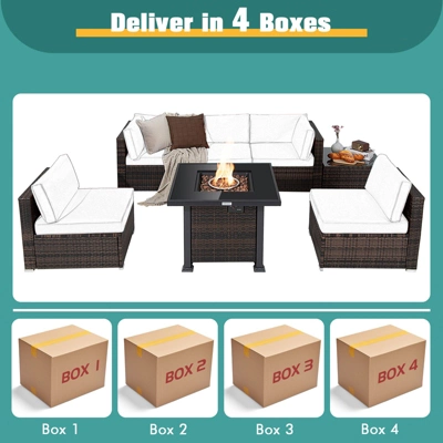 Tangkula Patio Rattan 7PCS Cushioned Chair Set Furniture Set Thick Cushion W/ 50,000 BTU Propane Fire Pit Table For Garden Black/Navy/Red/Turquoise/Off White 2 Tangkula Patio Rattan 7PCS Cushioned Chair Set Furniture Set Thick Cushion W/ 50,000 BTU Propane Fire Pit Table For Garden Black/Navy/Red/Turquoise/Off White - Image 2