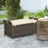 Outsunny Outdoor PE Rattan Two-In-One Storage Bench, Patio Wicker Large Capacity Footstool Rectangle Basket Box W/ Handles & Cushion