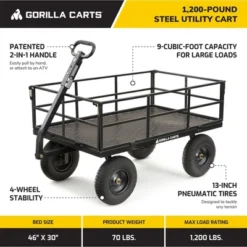 Gorilla Cart GOR1200-COM 9 Cubic Feet 1200 Pound Capacity Heavy Duty Durable Steel Utility Wagon Cart W/ 2 In 1 Towing Handle & Removable Sides, Black