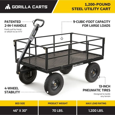 Gorilla Cart GOR1200-COM 9 Cubic Feet 1200 Pound Capacity Heavy Duty Durable Steel Utility Wagon Cart W/ 2 In 1 Towing Handle & Removable Sides, Black 1 Gorilla Cart GOR1200-COM 9 Cubic Feet 1200 Pound Capacity Heavy Duty Durable Steel Utility Wagon Cart W/ 2 In 1 Towing Handle & Removable Sides, Black