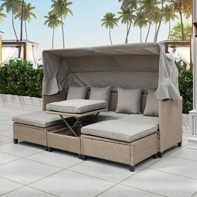 4pc Outdoor Adjustable Wicker Sectional Set With Canopy & Table - GODEER 2 4pc Outdoor Adjustable Wicker Sectional Set With Canopy & Table - GODEER - Image 2