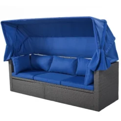 4pc Outdoor Wicker Rectangle Daybed With Canopy & Cushions - Blue - GODEER -Deals Patio Elegance Store GUEST f61777c4 658b 4c47 94d6 a2b9490a7e2f