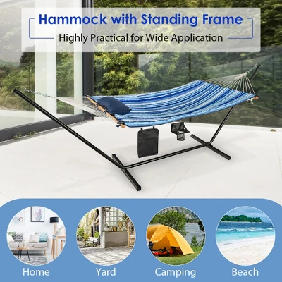 Costway Hammock Chair Stand Set Cotton Swing W/ Pillow Cup Holder Indoor Outdoor 4 Costway Hammock Chair Stand Set Cotton Swing W/ Pillow Cup Holder Indoor Outdoor - Image 4