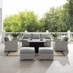 Bradenton 6pc Outdoor Wicker Sofa And Arm Chair Seating Set With Dante Fire Table And 2 Ottomans - Gray/Gray - Crosley -Deals Patio Elegance Store GUEST fd1c38ab cc3e 44d6 89da d76a00634ba5