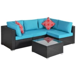 5pc Wicker Patio Sectional Seating Set With Cushions - Espresso/Blue - GODEER -Deals Patio Elegance Store GUEST fd2d88cb 277d 4a6a 8df5 344d2d080018