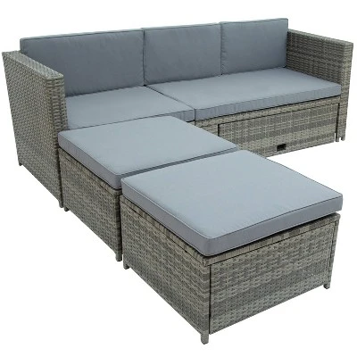 4pc Outdoor Wicker Conversation Sectional Set With Cushions - Gray - GODEER 7 4pc Outdoor Wicker Conversation Sectional Set With Cushions - Gray - GODEER - Image 7