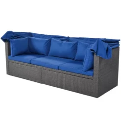 4pc Outdoor Wicker Rectangle Daybed With Canopy & Cushions - Blue - GODEER -Deals Patio Elegance Store GUEST ff0ce38e fffd 416a a99a a9bc9a14cd44