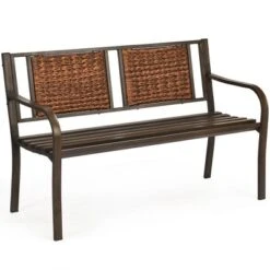 Costway Patio Garden Bench Steel Frame Rattan Backrest Park Yard Outdoor Porch Furniture