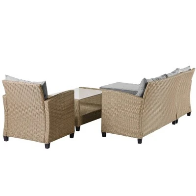 4pc Wicker Patio Conversation Set With Cushions - Beige/Brown - GODEER 3 4pc Wicker Patio Conversation Set With Cushions - Beige/Brown - GODEER - Image 3